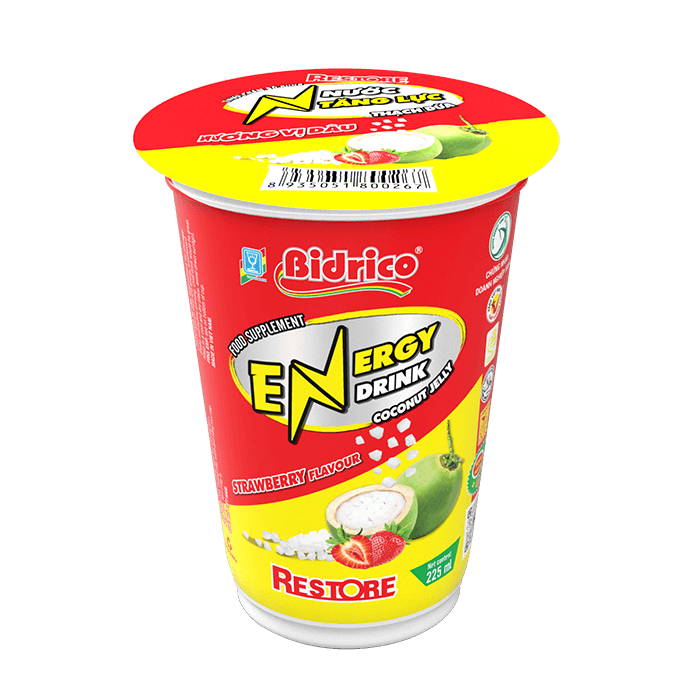 Nước tăng lực thạch dừa hương vị dâu Restore ly 225ml ( 1 thùng 48 Ly)