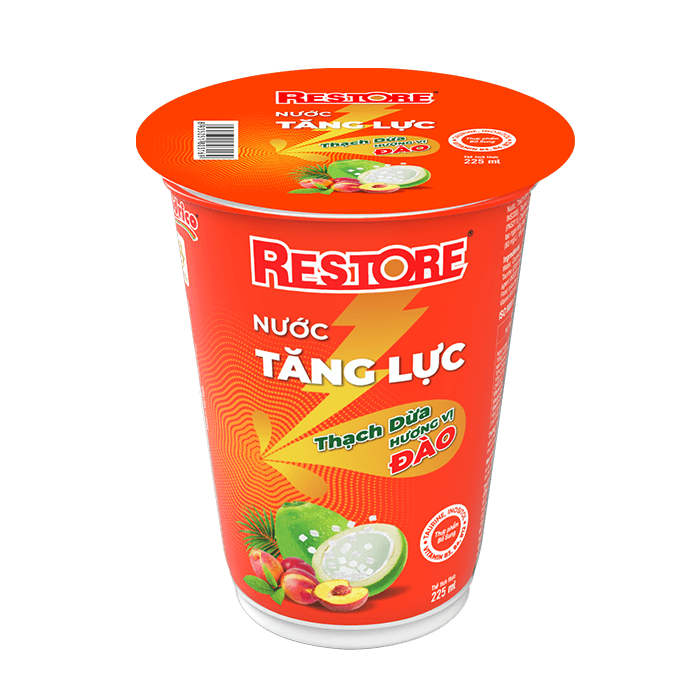 Nước tăng lực thạch dừa hương vị đào Restore ly 225ml ( 1 thùng 48 ly)